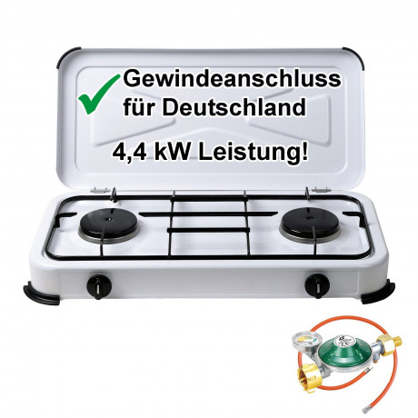 BlueCraft BlueCraft Gaskocher, (inkl. Gasschlauch und Manometerregler), Campingkocher 2-flammig, Gasherd 50 mbar Газовая плита BlueCraft (включая газовый шланг и регулятор давления), походная плита 2 пламени, газовая плита 50 мбар