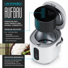 Arendo Arendo Reiskocher, 300 W, 0,8l, Messbecher  Reisloffel, Kochprogramme, Timer, Warmhaltefunktion  Рисоварка Arendo, 300 Вт, 0,8л, мерный стакан, ложка для риса, программы приготовления, таймер, функция поддержания тепла