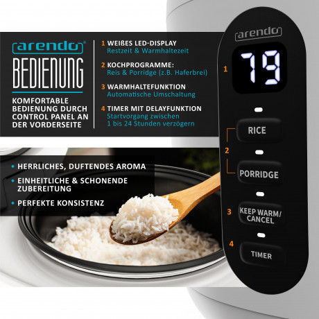 Arendo Arendo Reiskocher, 300 W, 0,8l, Messbecher  Reisloffel, Kochprogramme, Timer, Warmhaltefunktion  Рисоварка Arendo, 300 Вт, 0,8л, мерный стакан, ложка для риса, программы приготовления, таймер, функция поддержания тепла