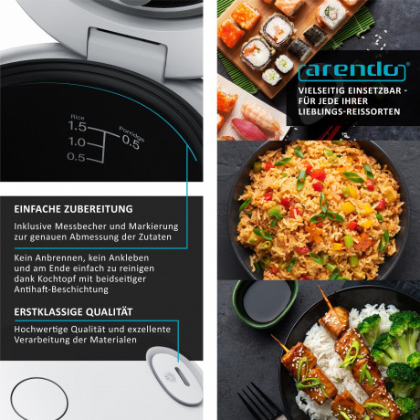 Arendo Arendo Reiskocher, 300 W, 0,8l, Messbecher  Reisloffel, Kochprogramme, Timer, Warmhaltefunktion  Рисоварка Arendo, 300 Вт, 0,8л, мерный стакан, ложка для риса, программы приготовления, таймер, функция поддержания тепла