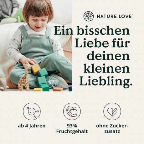 Nature Love Multivitamin Gummies Kids, Детские мультивитамины A, B1, B3, B6, B7, B12, E и йод, без сахара, яблоко-банан, для иммунитета и энергии, 120 шт