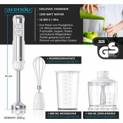 Arendo Arendo Stabmixer, 1200 W, Set, Edelstahl, DC Motor, inkl. 800 ml Messbecher, Schneebesen  Ручной блендер Arendo, 1200 Вт, набор, нержавеющая сталь, двигатель постоянного тока, вкл. мерный стакан на 800 мл, венчик