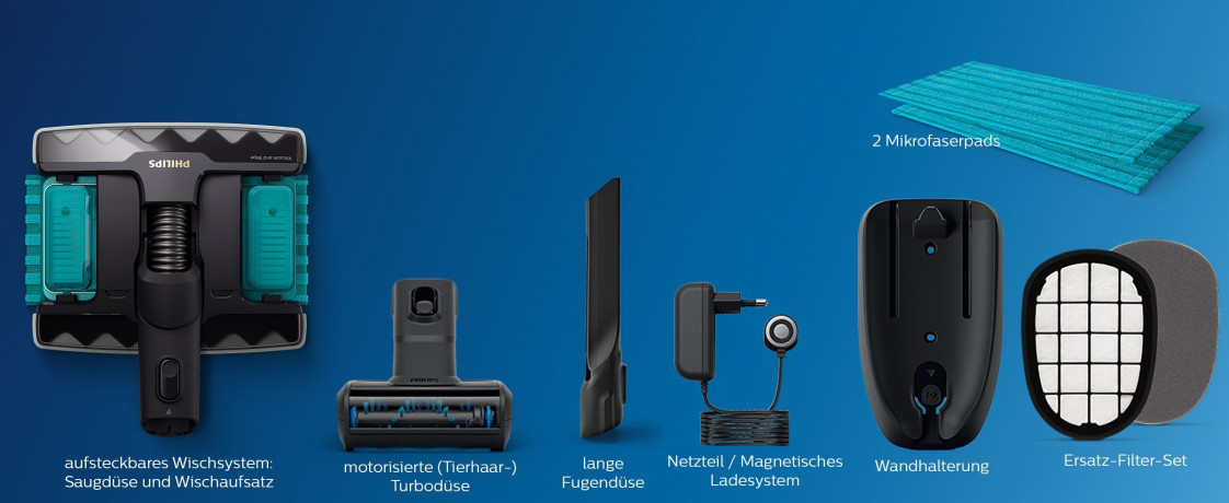 Philips Philips Nass-Trocken-Akkusauger XC8347/01 SpeedPro Max Aqua Plus, beutellos, mit 80 Minuten Laufzeit, Wischfunktion und 360°-Saugduse Беспроводной пылесос Philips для влажной и сухой уборки XC8347/01 SpeedPro Max Aqua Plus, без мешка, время работ