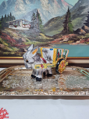 Статуэтка-подставка винтажная большая "Ослик с тележкой" в стиле майолика, керамика, 23 x 10 x 12 см, Италия, 1960-70гг.