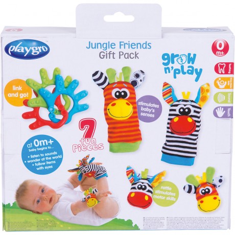 Playgro Playgro Geschenkset Dschungelfreunde mit Hand- und Fussgelenksrasseln Подарочный набор друзей джунглей Playgro с погремушками на запястье и лодыжке