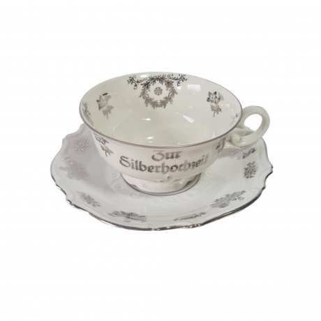Чайное трио винтажное GKC Bavaria / 38 er "На серебряную свадьбу" с серебристым декором и надписью, фарфор, Германия, 1960-70гг.