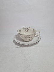 Чайное трио винтажное GKC Bavaria / 38 er "На серебряную свадьбу" с серебристым декором и надписью, фарфор, Германия, 1960-70гг.