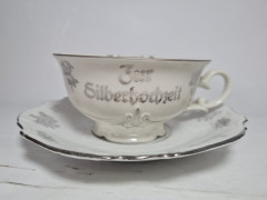 Чайное трио винтажное GKC Bavaria / 38 er "На серебряную свадьбу" с серебристым декором и надписью, фарфор, Германия, 1960-70гг.