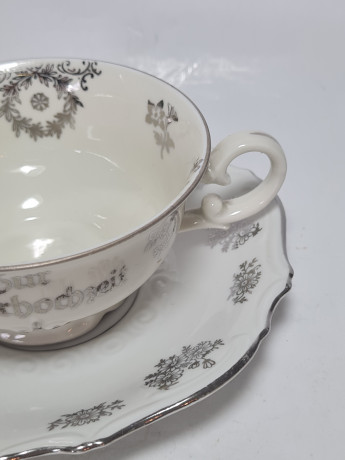 Чайное трио винтажное GKC Bavaria / 38 er "На серебряную свадьбу" с серебристым декором и надписью, фарфор, Германия, 1960-70гг.