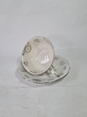 Чайное трио винтажное GKC Bavaria / 38 er "На серебряную свадьбу" с серебристым декором и надписью, фарфор, Германия, 1960-70гг.