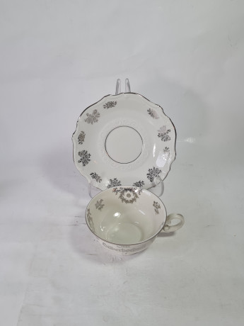 Чайное трио винтажное GKC Bavaria / 38 er "На серебряную свадьбу" с серебристым декором и надписью, фарфор, Германия, 1960-70гг.