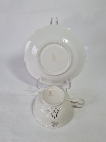 Чайное трио винтажное GKC Bavaria / 38 er "На серебряную свадьбу" с серебристым декором и надписью, фарфор, Германия, 1960-70гг.