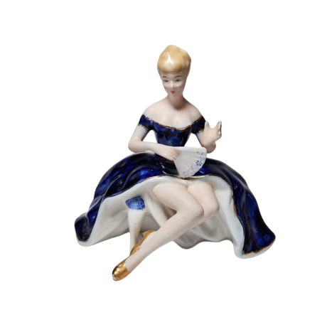 ARPO Винтажная статуэтка "Девушка в синем платье и с веером", 8см x 16см, Румыния, 1960-70гг.