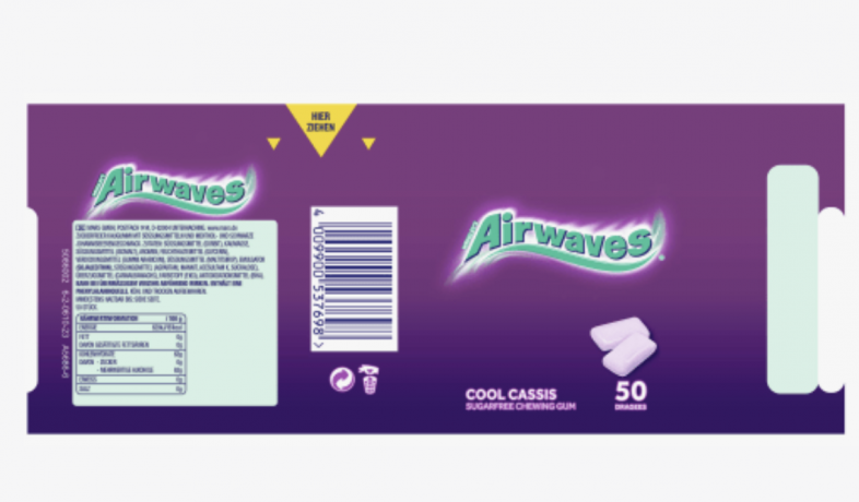 Airwaves Kaugummi, Cool Cassis, zuckerfrei, 50 St Жевательная резинка с ментолом и черной смородиной  без сахара 50 шт.