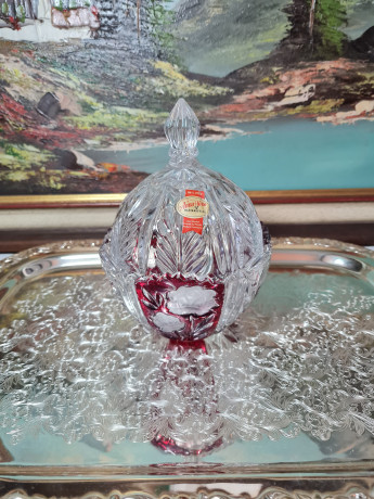 Ваза с крышкой винтажная Anna Hutte, хрусталь с красным декором, 13 x 17,5 см, Германия, 1960-70гг.