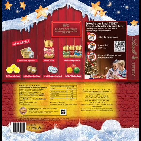 Lindt Teddy Adventskalender 128g, Линдт Адвент-календарь 2025 Тедди, 24 сладких сюрприза, 128 грамм