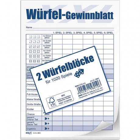 RNK Verlag XXL-Block Wurfelspiel-Gewinnblatt Выигрышная рука в игре с кубиками XXL