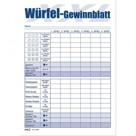 RNK Verlag XXL-Block Wurfelspiel-Gewinnblatt Выигрышная рука в игре с кубиками XXL
