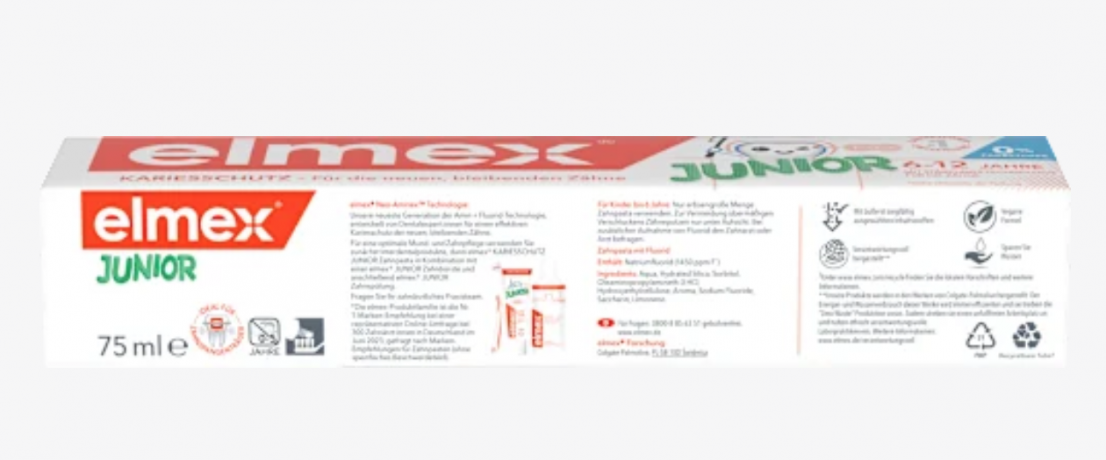 elmex Zahnpasta Kinder Junior 6-12 Jahren 75 ml, Детская зубная паста для детей 6-12 лет с комплексом Neo-Aminex для защиты от кариеса, 75 мл