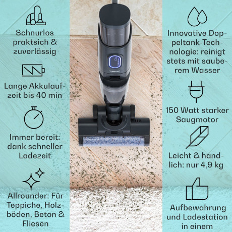 Klarstein Klarstein Akku-Hand-und Stielstaubsauger Caswell Plus, 150 W, beutellos, Nass Trocken Sauger Akku Kabellos Beutellos LED 150 Беспроводной ручной и стержневой пылесос Klarstein Caswell Plus, 150 Вт, без мешка, пылесос для влажной и сухой уборки,