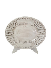 Тарелка винтажная сервировочная Bassano, объемный декор, фигурный край, серая керамика, 30 х 24 см, Италия, 1960-70гг.