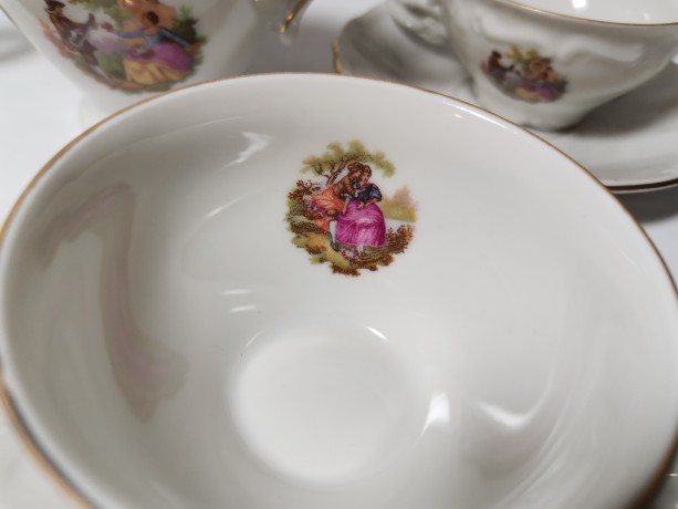 Winterling Schwarzenbach Bavaria, Винтерлинг Шварзенбах Кофейный набор на 5 персон с изображением мотивов "Галантная сцена" Фрагонара, Германия, 1950г